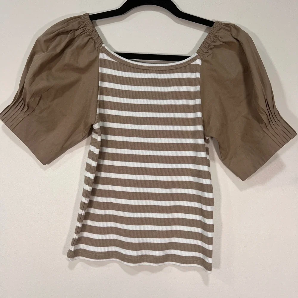 J.Crew Womens Tan White Striped Ribbed Puff Sleeve Mixed Media Top Small NEW